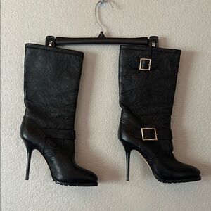 Authentic Jimmy Choo Heeled Black Leather Boots with Gold Buckle Size 39